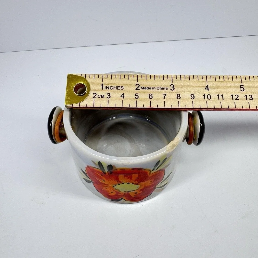 Vintage Mini Ceramic Basket Red Floral Wire Wrapped Handle Cottage‎ Decor